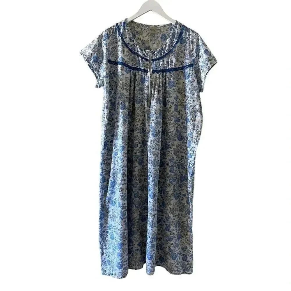 Gold Coast Women's Cotton Nightgown Lightweight  Night White Blue SZ 1X #1364